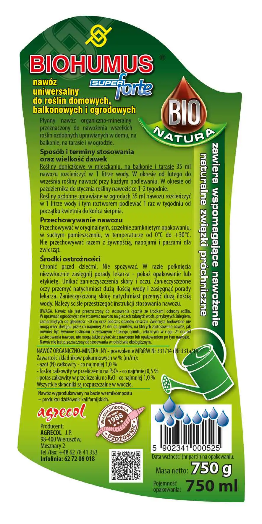 Agrecol Biohumus Super Forte – nawóz uniwersalny 0,75 l – tylna etykieta ze składem i dawkowaniem