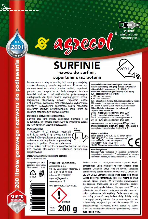 Agrecol SURFINIE nawóz do surfinii 0,2 kg – etykieta ze składem, dawkowaniem i oznakowaniem bezpieczeństwa