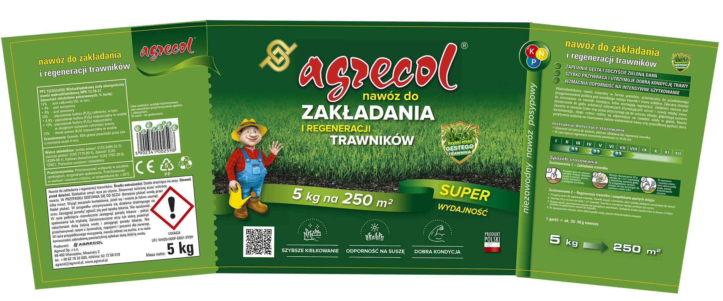 Agrecol nawóz do zakładania i regeneracji trawników 5 kg – etykieta ze składem, dawkowaniem i oznakowaniem bezpieczeństwa
